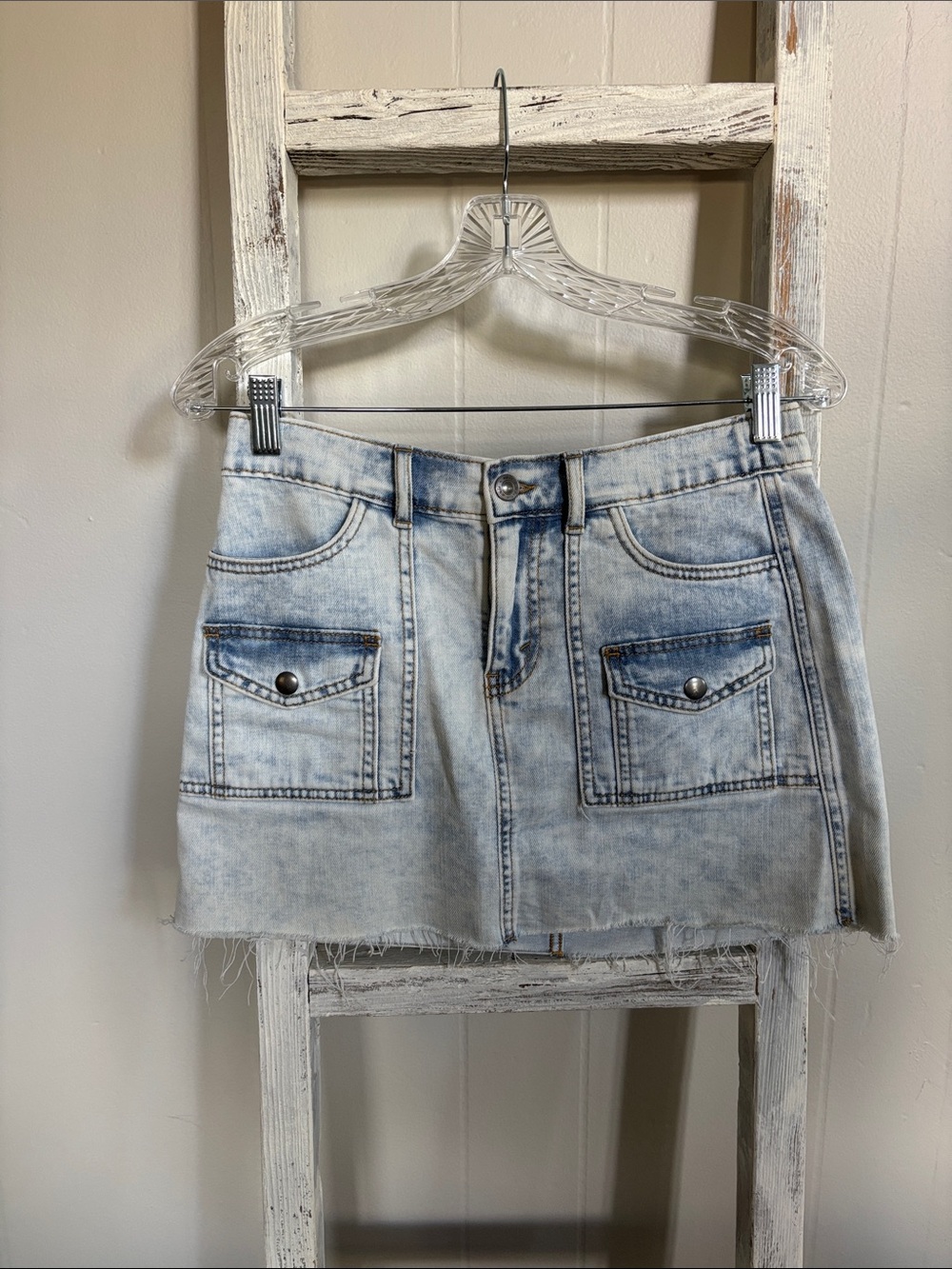 aerie Light Blue Acid Wash Denim Mini Skirt with Front Patch Pockets